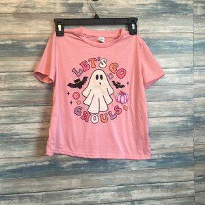 Halloween tee for girls with ghosts bats and pumpkins